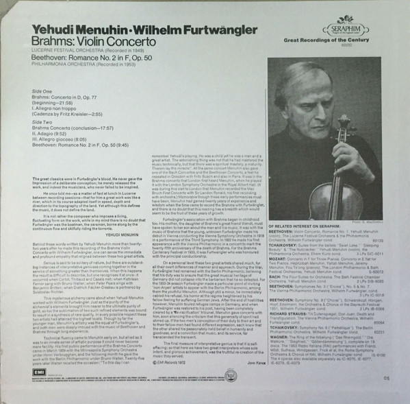 Cover zu Yehudi Menuhin • Wilhelm Furtwängler, Lucerne Festival Orchestra, Philharmonia Orchestra, Johannes Brahms, Ludwig van Beethoven - Brahms: Violin Concerto / Beethoven: Romance No. 2 In F, Op. Schallplatten Ankauf