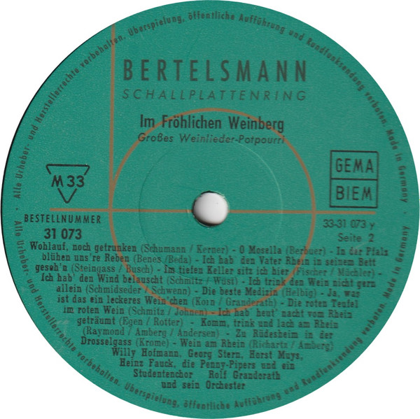 Cover zu Willy Hofmann, Georg Stern, Horst Muys, Heinz Fauck, Die Penny-Pipers Und Ein Studentenchor, Orchester Rolf Granderath - Im Fröhlichen Weinberg - Großes Weinlieder-Potpourri | 1962 Schallplatten Ankauf