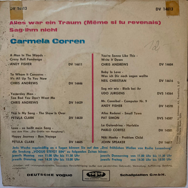 Cover zu Carmela Corren - Alles War Ein Traum | 1967 | Vinyl | Pop | Germany Schallplatten Ankauf
