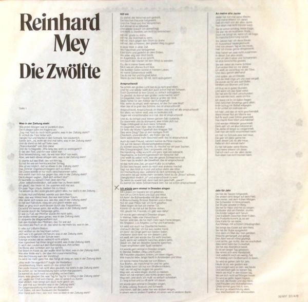 Cover zu Reinhard Mey - Die Zwölfte | 1983 | Vinyl | Pop, Folk, World, & Country | Germany
