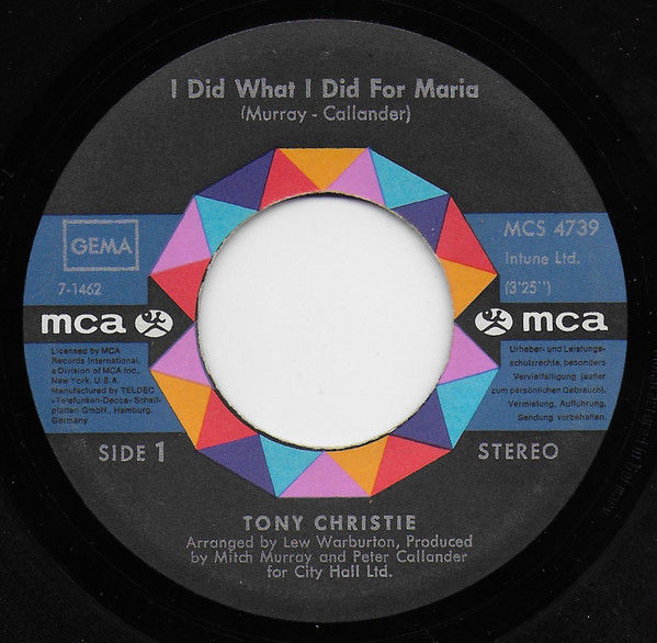 Cover zu Tony Christie - I Did What I Did For Maria | 1971 | Vinyl, Stereo, 45 RPM, 7