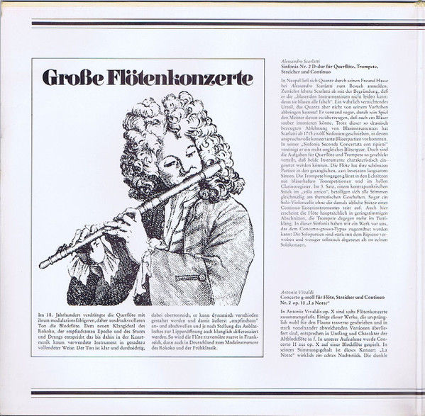 Cover zu Alessandro Scarlatti, Antonio Vivaldi, Giuseppe Sammartini, Johann Sebastian Bach, Wolfgang Amadeus Mozart, Hans-Martin Linde, Aurèle Nicolet, Werner Tripp - Grosse Flötenkonzerte | Vinyl | Classical | Germany Schallplatten Ankauf