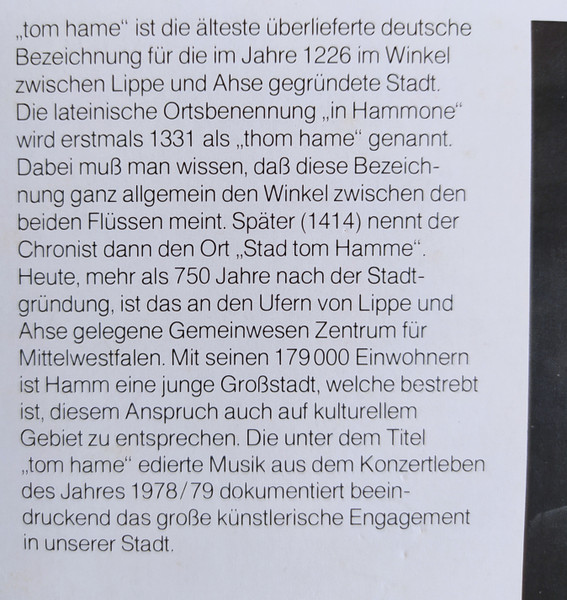 Cover zu Various - Tom Hame - Aus Dem Musikleben Der Stadt Hamm | 1979 | Vinyl | Classical | Germany