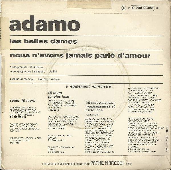 Cover zu Adamo - Les Belles Dames / Nous N'Avons Jamais Parlé D'Amour | 1970 | Vinyl | Pop | France Schallplatten Ankauf