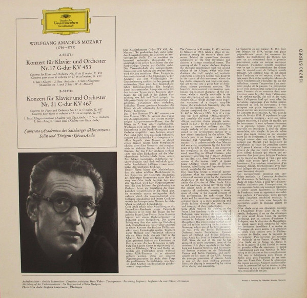 Cover zu Wolfgang Amadeus Mozart - Camerata Academica Salzburg, Géza Anda - Klavierkonzerte G-Dur KV 453 ・C-Dur KV 467 | Vinyl | Classical | Germany Schallplatten Ankauf