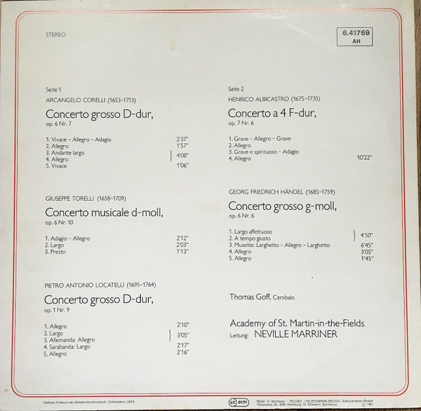 Cover zu The Academy Of St. Martin-in-the-Fields, Sir Neville Marriner - Concerti (Corelli, Torelli, Locatelli, Händel) | Vinyl | Classical | Germany Schallplatten Ankauf