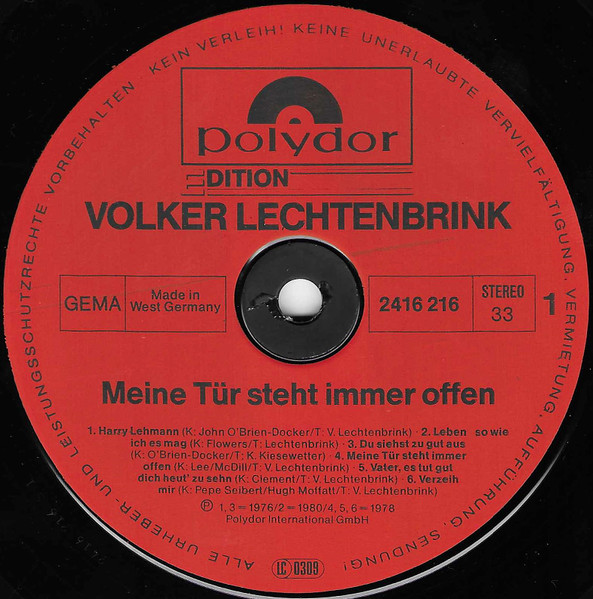 Cover zu Volker Lechtenbrink - Meine Tür Steht Immer Offen | Vinyl, LP, Compilation | Pop, Folk, World, & Country | Germany Schallplatten Ankauf