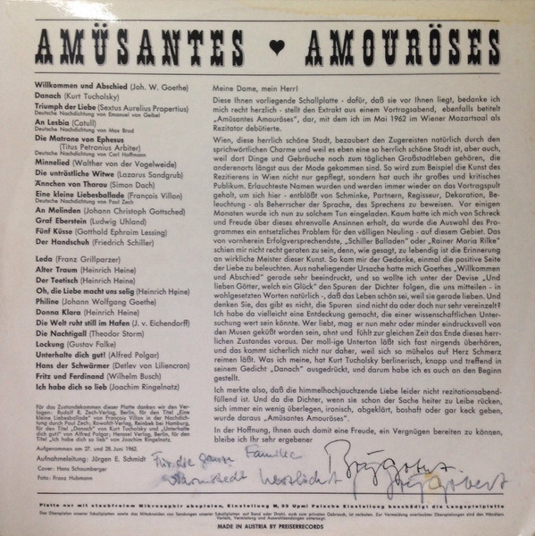 Cover zu Boy Gobert - Boy Gobert Liest Amüsantes ♥ Amouröses - Aus Dem Gleichnamigen Vortragsabend | 1962 | Vinyl | Non-Music | Austria
