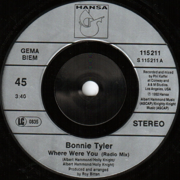 Cover zu Bonnie Tyler - Where Were You | 1992 | Vinyl | Electronic, Pop | Europe
