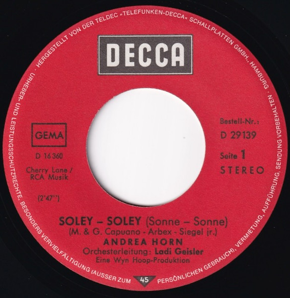 Cover zu Andrea Horn - Soley, Soley (Sonne, Sonne) | 1971 | Vinyl, 45 RPM, 7