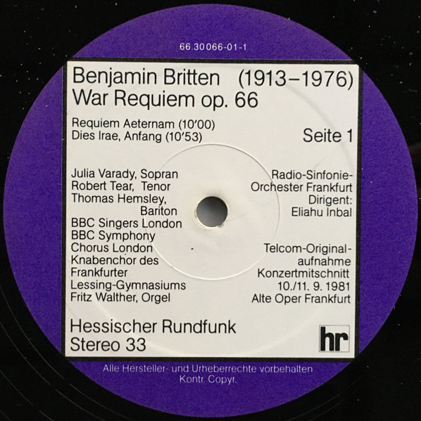 Cover zu Benjamin Britten, Eliahu Inbal, Radio-Sinfonie-Orchester Frankfurt, Iulia Várady, Robert Tear, Thomas Hemsley, BBC Symphony Chorus London - War Requiem | 1981 | Vinyl | Classical | Germany