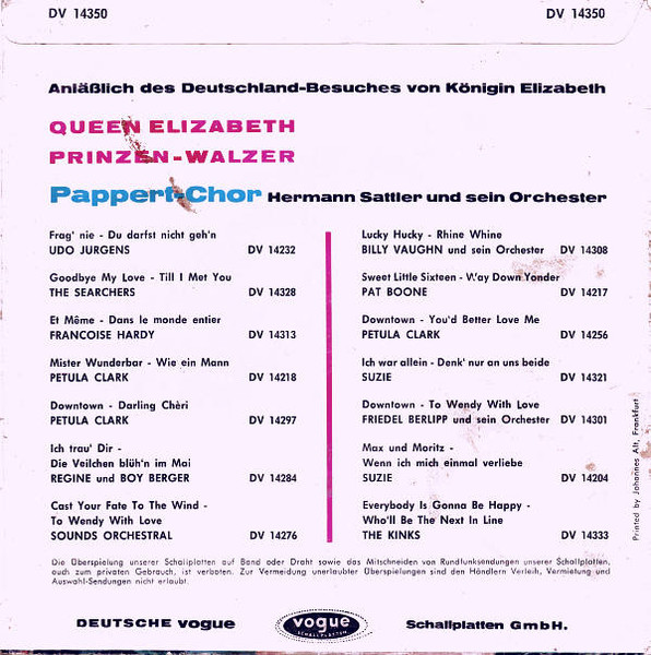 Cover zu Robert Pappert-Chor, Orchester Hermann Sattler - Queen Elizabeth / Prinzen-Walzer | 1965 | Vinyl | Pop | Germany Schallplatten Ankauf