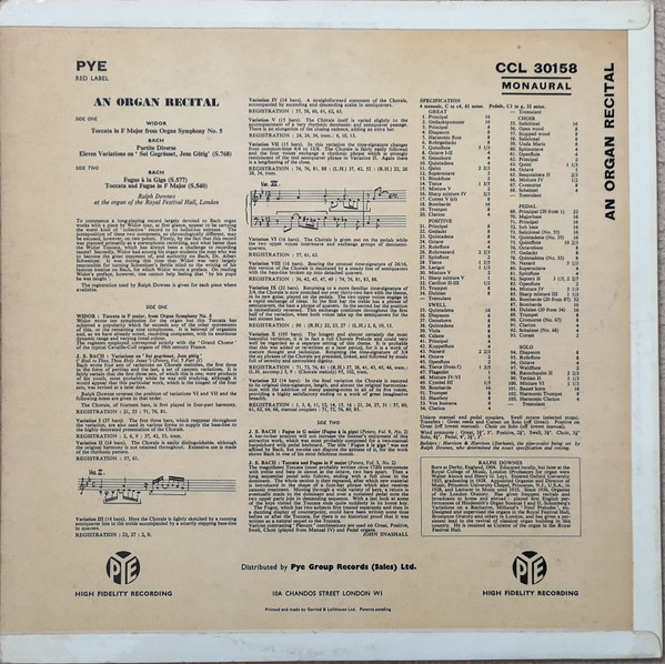 Cover zu Charles-Marie Widor / Johann Sebastian Bach, Ralph Downes - An Organ Recital | 1959 | Vinyl | Classical | UK Schallplatten Ankauf
