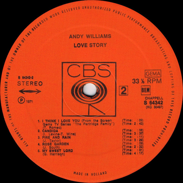Cover zu Andy Williams - Love Story | 1971 | Vinyl | Pop | Europe