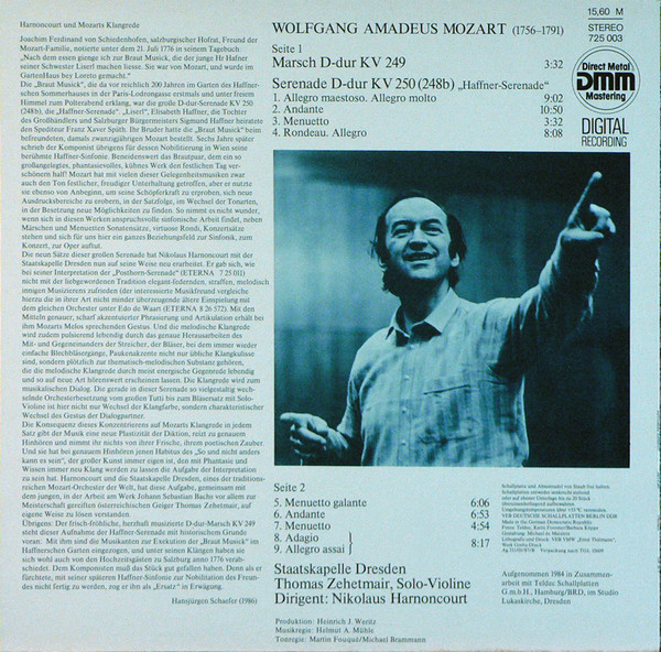 Cover zu Wolfgang Amadeus Mozart - Staatskapelle Dresden Dirigent: Nikolaus Harnoncourt - Harnoncourt Dirigiert Mozart: Haffner Serenade KV 250 | 1987 | Vinyl | Classical | German Democratic Republic (GDR) Schallplatten Ankauf