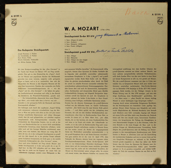 Cover zu Wolfgang Amadeus Mozart, Budapest String Quartet mit Milton Katims - Streichquintett Es-Dur KV 614 | Streichquintett G-Moll KV 516 | Vinyl | Classical | Netherlands Schallplatten Ankauf