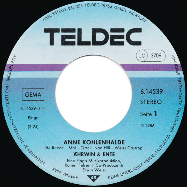 Cover zu Ährwin & Ente - Anne Kohlenhalde | 1986 | Vinyl | Pop | Germany Schallplatten Ankauf