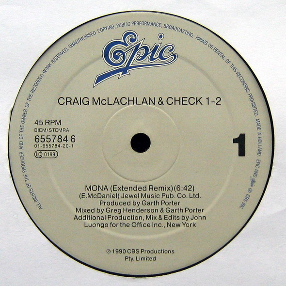 Cover zu Craig McLachlan & Check 1-2 - Mona | 1990 | Vinyl | Electronic, Pop | Europe Schallplatten Ankauf