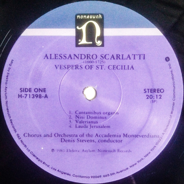 Cover zu Alessandro Scarlatti, Denis Stevens, Accademia Monteverdiana, Patricia Clark, Ursula Connors, Shirley Minty, Ian Partridge, John Noble - Vespers of Saint Cecilia | 1981 | Classical