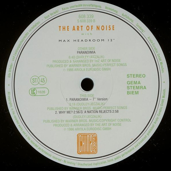 Cover zu The Art Of Noise With Max Headroom - Paranoimia (Extended Version) | 1986 | Vinyl | Electronic | Europe