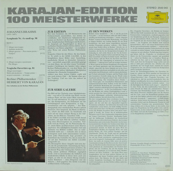 Cover zu Berliner Philharmoniker, Herbert von Karajan - Karajan-Edition 100 Meisterwerke - Brahms: Symphonie Nr.4 · Tragische Ouvertüre | 1982 | Vinyl | Classical | Germany Schallplatten Ankauf