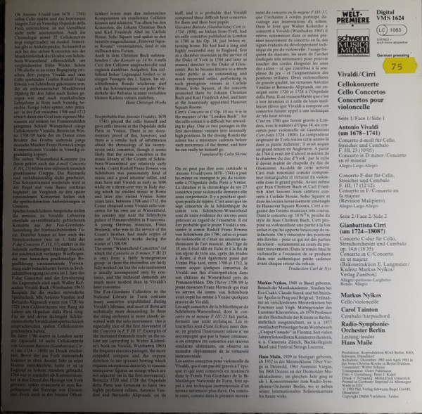 Cover zu Antonio Vivaldi / Giovanni Battista Cirri, Markus Nyikos, Carol Tainton, Radio-Symphonie-Orchester Berlin, Hans Maile - Concerto F-dur = In F = En Fa Majeur F III, 17 / Concerto D-moll = In Schallplatten Ankauf