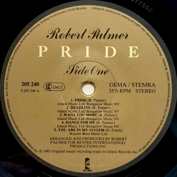 Cover zu Robert Palmer - Pride | 1983 | Vinyl | Rock | Europe Schallplatten Ankauf