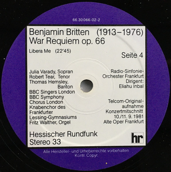 Cover zu Benjamin Britten, Eliahu Inbal, Radio-Sinfonie-Orchester Frankfurt, Iulia Várady, Robert Tear, Thomas Hemsley, BBC Symphony Chorus London - War Requiem | 1981 | Vinyl | Classical | Germany