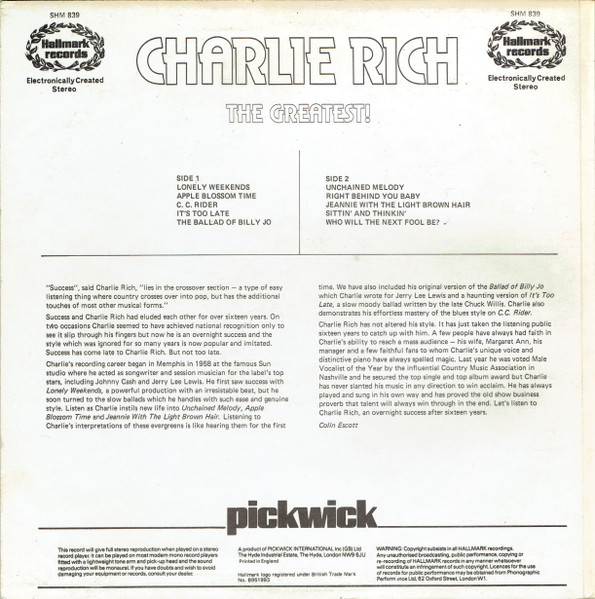Cover zu Charlie Rich - The Greatest! | 1974 | Vinyl | Folk, World, & Country | UK