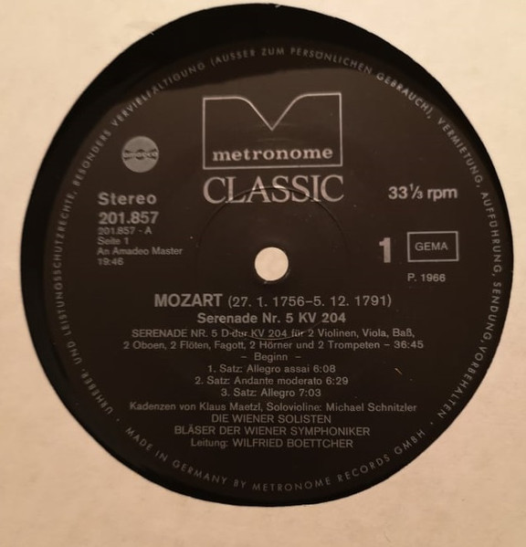 Cover zu Wolfgang Amadeus Mozart - Serenade Nr. 5 KV 204 | Vinyl | Classical | Germany