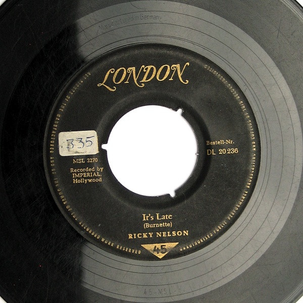 Cover zu Ricky Nelson (2) - It's Late / Never Be Anyone Else But You | 1959 | Vinyl | Rock | Germany Schallplatten Ankauf