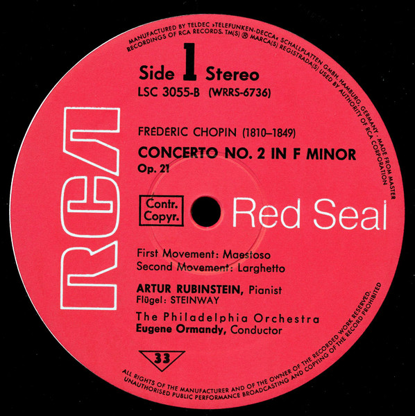 Cover zu Arthur Rubinstein, The Philadelphia Orchestra, Eugene Ormandy : Frédéric Chopin - Concerto No. 2 In F Minor / Grand Fantasy On Polish Airs | 1969 | Vinyl, LP, Album, Stereo | Classical
