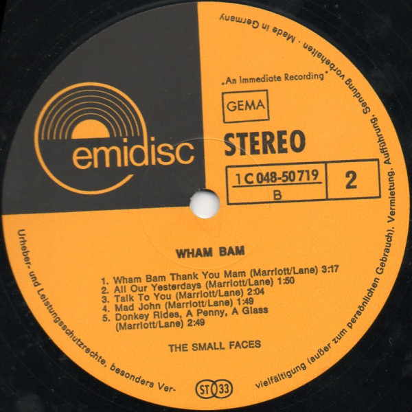 Cover zu Small Faces - Wham Bam! | 1970 | Vinyl | Rock | Germany