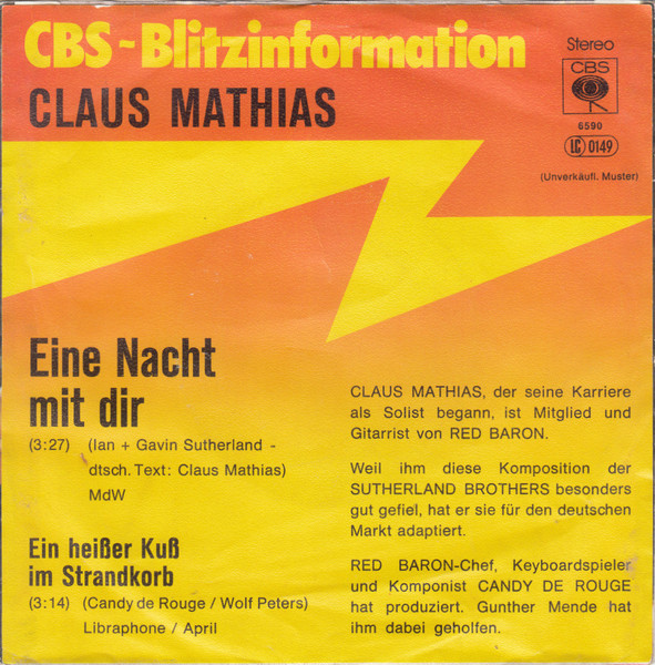 Cover zu Claus Mathias-Clamath - Eine Nacht Mit Dir | 1978 | Vinyl | Pop | Germany