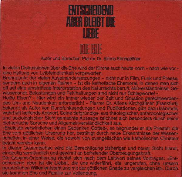 Cover zu Alfons Kirchgäßner - Entscheidend Aber Bleibt Die Liebe - Die Ehe | Vinyl | Non-Music
