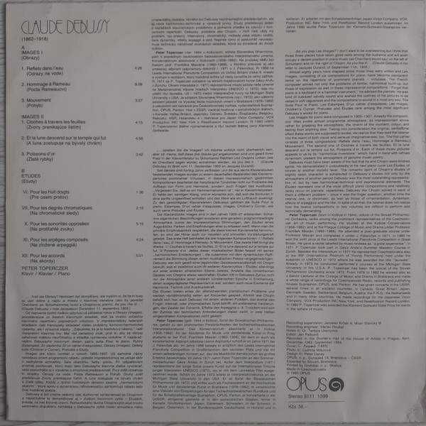 Cover zu Claude Debussy / Peter Toperczer - Images, For Piano / Etudes Selection | 1987 | Vinyl | Classical | Czechoslovakia Schallplatten Ankauf