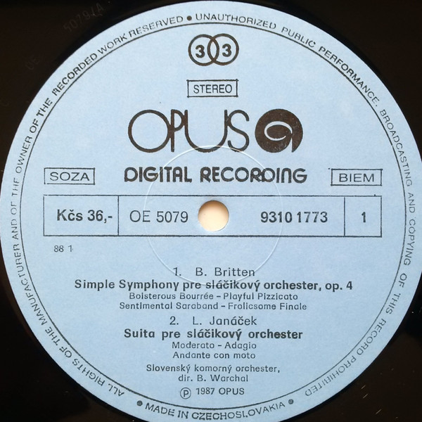 Cover zu Benjamin Britten / Leoš Janáček / Eugen Suchoň / Slovak Chamber Orchestra - Simple Symphony / Suite / Serenade | 1988 | Vinyl | Classical | Czechoslovakia Schallplatten Ankauf