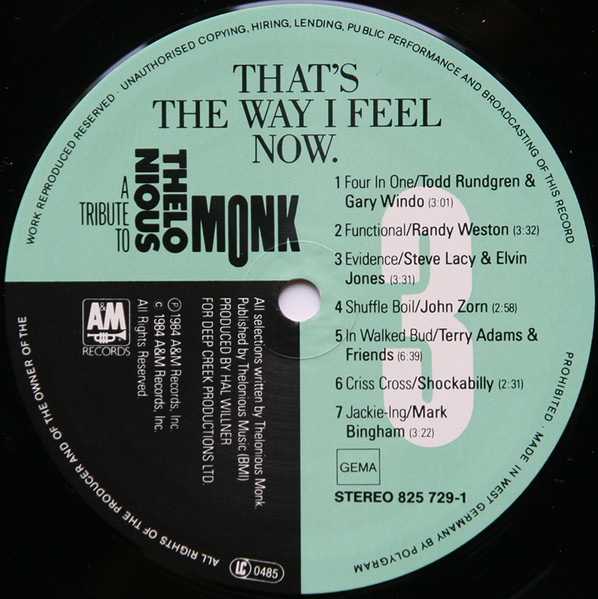 Cover zu Various - That's The Way I Feel Now - A Tribute To Thelonious Monk | 1984 | Vinyl | Jazz | Germany