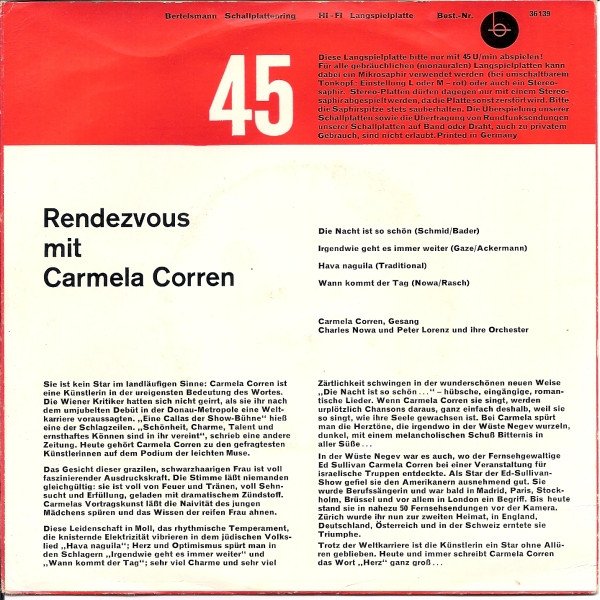 Cover zu Carmela Corren - Rendezvous Mit Carmela Corren | Vinyl | Pop, Folk, World, & Country | Germany Schallplatten Ankauf