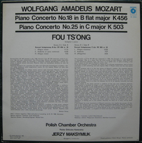 Cover zu Wolfgang Amadeus Mozart, Fou Ts'ong, Polish Chamber Orchestra, Jerzy Maksymiuk - Piano Concerto No. 18 In B Flat Major K456 , Piano Concerto No. 25 In C Major K503 | 1980 | Vinyl | Classical Schallplatten Ankauf