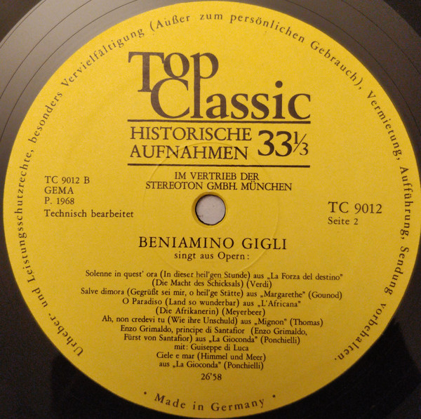 Cover zu Beniamino Gigli - Beniamino Gigli Singt Opernarien | 1968 | Vinyl | Classical | Germany