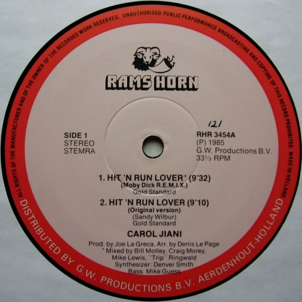 Cover zu Carol Jiani - Hit 'N Run Lover | 1985 | Vinyl | Electronic | Netherlands Schallplatten Ankauf