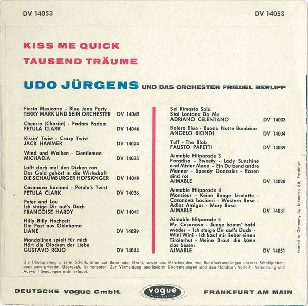 Cover zu Udo Jürgens - Kiss Me Quick / Tausend Träume | 1963 | Vinyl | Pop | Germany Schallplatten Ankauf