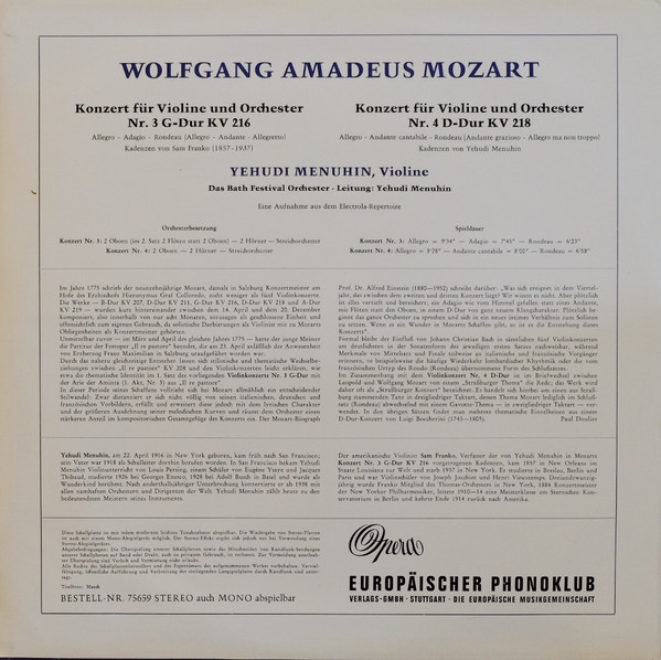 Cover zu Yehudi Menuhin, Bath Festival Orchestra - Yehudin Menuhin Spielt Mozart (Violinkonzerte Nr.3 G-Dur KV 216 Und Nr.4 D-Dur KV 218) | Vinyl | Classical | Germany Schallplatten Ankauf
