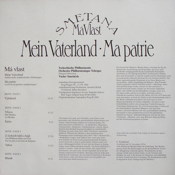 Cover zu Bedřich Smetana, Václav Smetáček, The Czech Philharmonic Orchestra - Má Vlast (Mein Vaterland, Ma Patrie) | 1981 | Vinyl | Classical | Europe