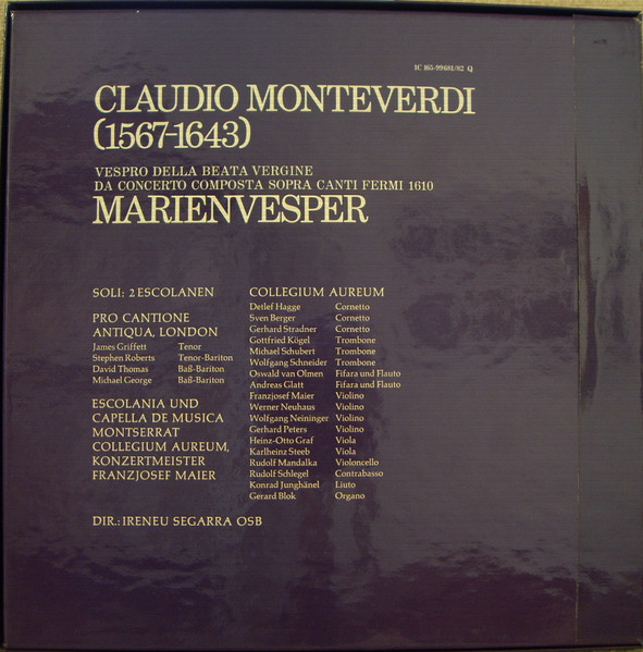 Cover zu Claudio Monteverdi – Escolanía De Montserrat, Collegium Aureum, Ireneu Segarra OSB - Vespro Della Beata Vergine | 1976 | Vinyl | Classical | Germany