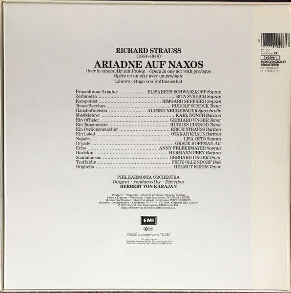Cover zu Richard Strauss, Elisabeth Schwarzkopf, Rita Streich, Irmgard Seefried, Rudolf Schock, Hermann Prey, Philharmonia Orchestra, Herbert von Karajan - Ariadne Auf Naxos | 1988 | Classical