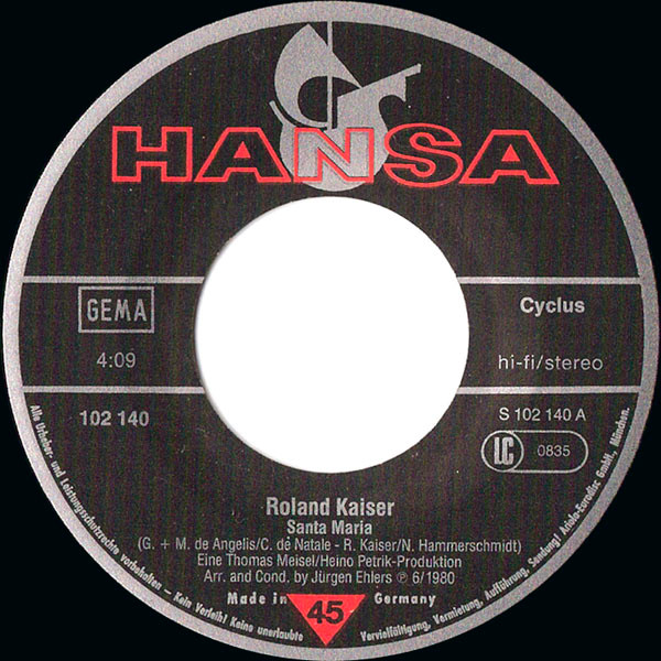 Cover zu Roland Kaiser - Santa Maria | 1980 | Vinyl, Stereo, 45 RPM, 7