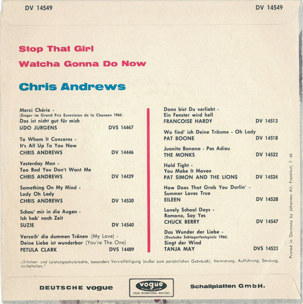 Cover zu Chris Andrews (3) - Stop That Girl | 1966 | Vinyl | Rock, Pop | Germany