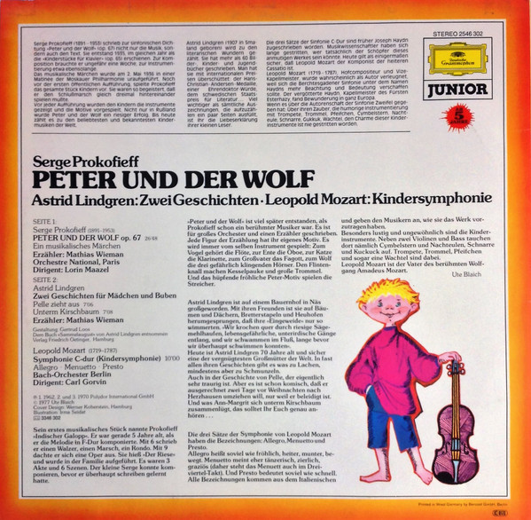 Cover zu Sergei Prokofiev / Astrid Lindgren - Mathias Wieman / Leopold Mozart - Peter Und Der Wolf - Ein Musikalisches Märchen / Zwei Geschichten / Kindersymphonie | 1977